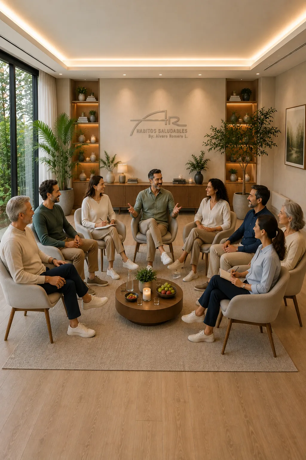Nueve personas conversan sentadas en círculo alrededor de una mesa baja, en una sala con el logo de Hábitos Saludables en la pared.